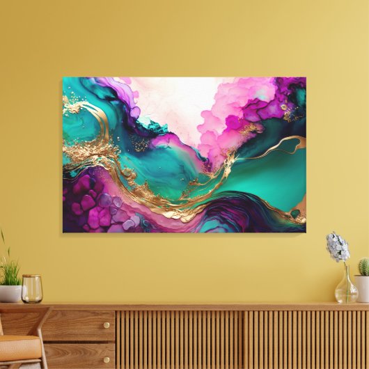 Toile Fuchsia, violet, marbre Turquoise & or Art Abstrai (Insitu(Salon))