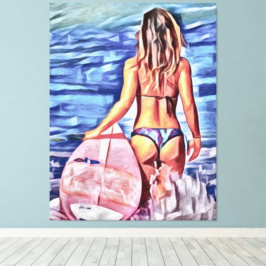 TOILE G-STRING BIKINI SURFER FILLE CANVAS ART IMPRIMER (Insitu (Plancher de Bois))