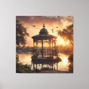 Toile Gazebo coucher de soleil sur le lac