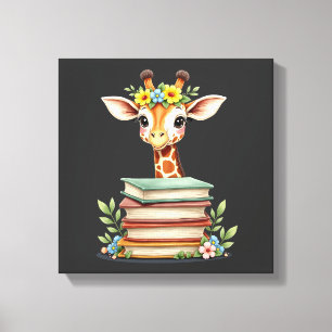 Toile Girafe Mignonne Avec Livre Floral Bibliophile Bibl