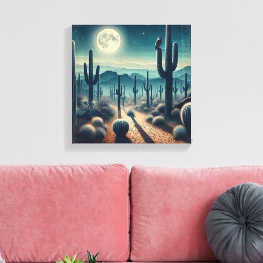 Toile Glowing Moonlit Desert with Cactus and Fireflies (Insitu(Salon))