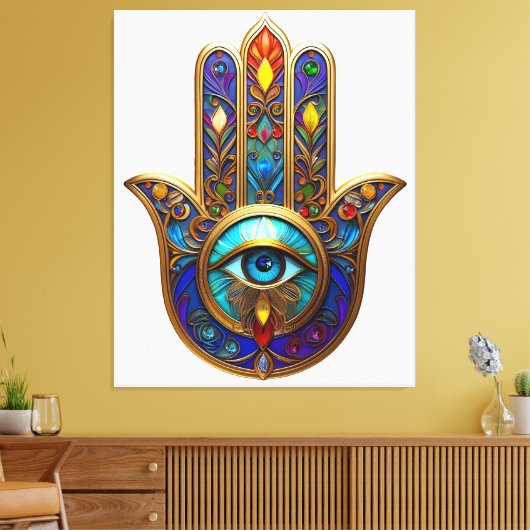 Toile Gold Colorful Hamsa Turquoise Sapphire Third Eye  (Insitu(Salon))