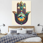 Toile Gold Violet Teal Hamsa w/ Turquoise Third Eye (Insitu(Chambre))