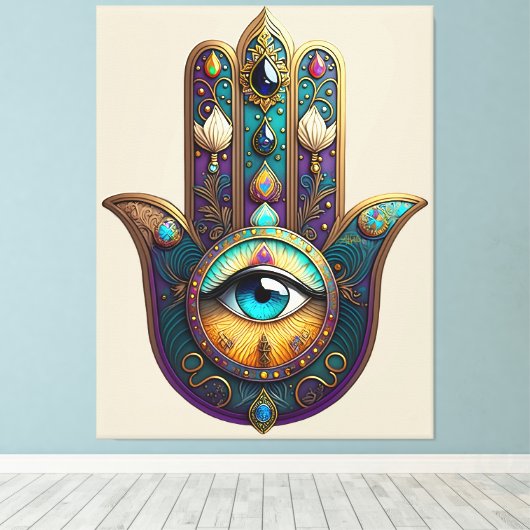 Toile Gold Violet Teal Hamsa w/ Turquoise Third Eye (Insitu (Plancher de Bois))