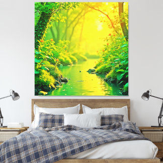 Toile Golden Forest Stream Peaceful Art