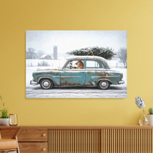 Toile Golden Retriever conduisant une voiture rétro avec