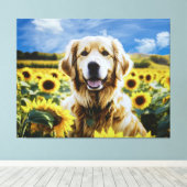 Toile Golden Retriever dans un champ de tournesol (Insitu (Plancher de Bois))