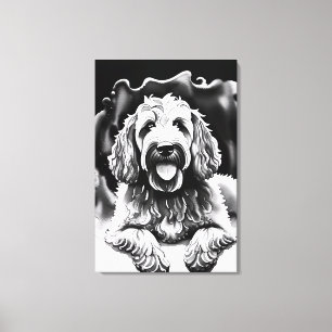 Toile Goldendoodle Art Black White Croquis "Happy Dog"