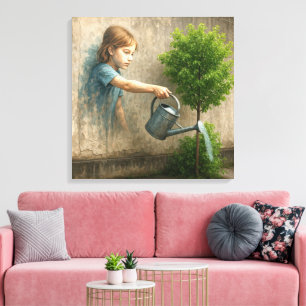 Toile Graffiti fille arroser un arbre urbain