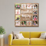 Toile Grandkids Citation Rustic Grange Wood 12 Photo Col<br><div class="desc">Un collage photo en bois rustique de toile avec une belle citation "Les petits-enfants apportent de la joie au quotidien".Personnalisez avec 12 photos de famille pour en faire un cadeau souvenir mémorable pour les grands-parents.</div>