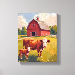 Toile Grange de la ferme rouge animaux vache peinture