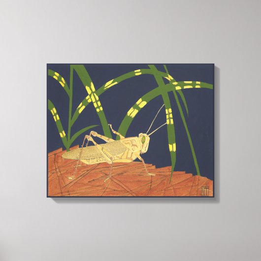 Toile Grasshopper en Grass vert sur Arrière - plan bleu (Recto)