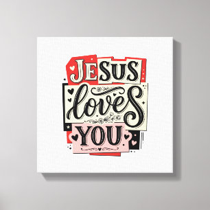 Toile Gravure Vintage Jésus Vous Aime Typographie Chréti