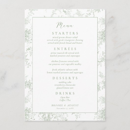 Toile Green Wedding Menu (Voorkant)