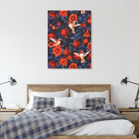 Toile Grenade et colibris/feuilles bleus sur noir (Insitu(Chambre))