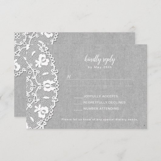 Toile gris rustique + mariage blanc dentelle RSVP (Devant / Derrière)