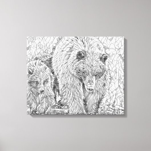 Toile Grizzly Bear & Cub Gray scale abstract coloring  (Recto)