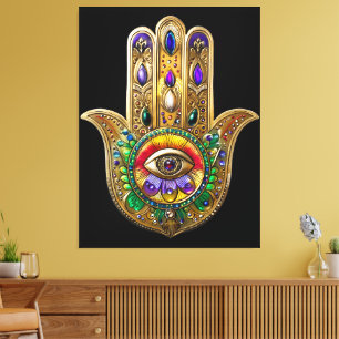 Toile Hamsa en or peint Améthyste Rubis Troisième œil