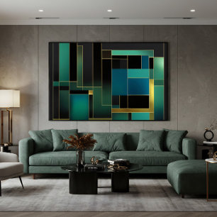 Toile Harmonie Dorée en Vert et Bleu