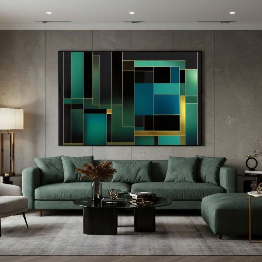 Toile Harmonie Dorée en Vert et Bleu