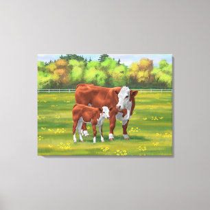 Toile Hereford Cow & Cute Calf dans les pâturages d'été
