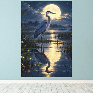 Toile Héron bleu au clair de lune dans les feu d'artific