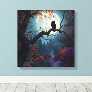 Toile Hibou pleine lune dans la nuit de l'arbre d'automn