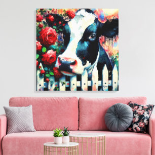 Toile Holstein Picket de vache clôture Roses rouges Noir