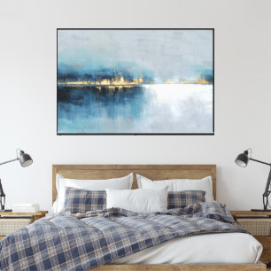 Toile Horizon Doré Abstrait en Bleu et Blanc Art