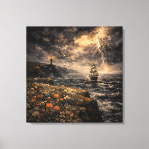 Toile Horizon Électrique : Phare tempétueux & Grand Voil
