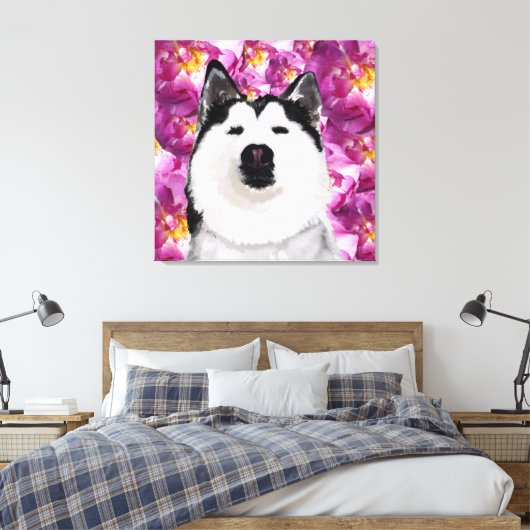 Toile Husky Chien et Rose Single Wall Art (Insitu(Chambre))