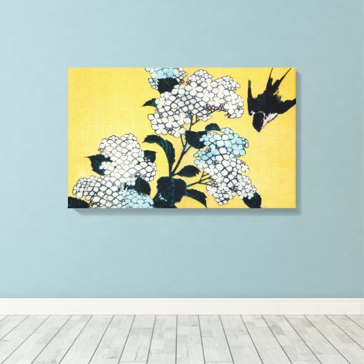 Toile Hydrangée et hirondelle, Hokusai, Ukiyo-e (Insitu (Plancher de Bois))