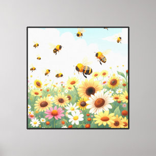 Toile Illustration de fleurs et d'abeilles mignonnes