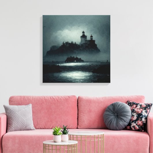 Toile Imaginaire Island Lighthouse Misty Foggy Dark Nigh (Insitu(Salon))