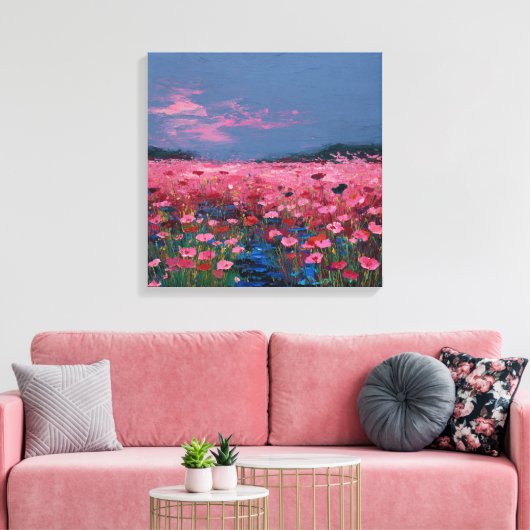 Toile Impressionist Pink Poppy Field Textured Canvas Wal (Insitu(Salon))