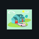 Toile Imprimé Retro Maison de banlieue<br><div class="desc">Ce motif en toile étanche de la maison de banlieue rétro est une maison américaine typique située dans un quartier américain typique, vers 1950. Une maison turquoise au toit bleu paon et aux fenêtres turquoise sont parfaitement compensées par une porte d'entrée rouge vif et une porte de garage. Une voiture...</div>