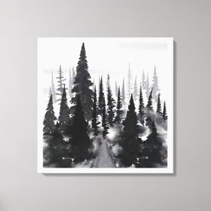 Toile Imprimer l'aquarelle de la forêt de pin monochrome
