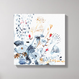 Toile Indigo et ocre - fleurs d'aquarelle