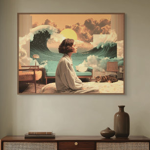 Toile Intérieur surréaliste avec femme et chat