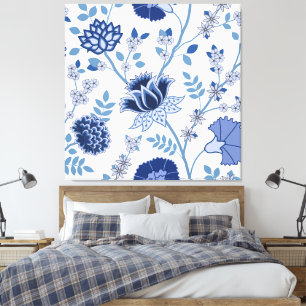 Toile Jacobean Floral Lg Motif Bleu sur Blanc