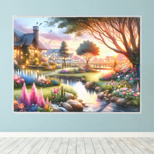 Toile Jardin de Cottage au Ruisseau au Coucher du Soleil