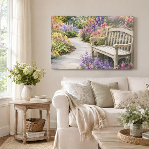 Toile Jardin de fleurs et banc à l'aquarelle paisible