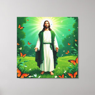 Toile Jésus dans un jardin entouré de papillons