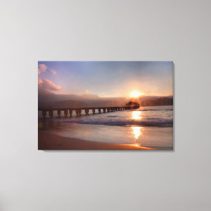 Toile Jetée de plage au coucher du soleil, Hawaï