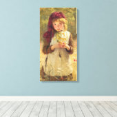 Toile Jeune fille mignonne tenant des fleurs de tasse à (Insitu (Plancher de Bois))