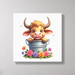 Toile Joli bébé vache des Highlands avec fleurs Veau Ani