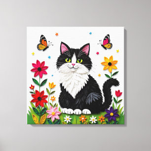 Toile Joli chat noir et blanc, fleurs et papillons