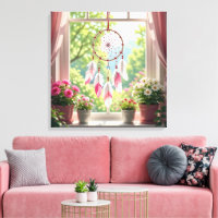 Joli Rêveur Rose et Plantes sur l'Appui de Fenêtre
