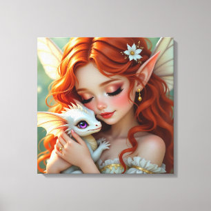 Toile Jolie fée aux cheveux roux avec dragon
