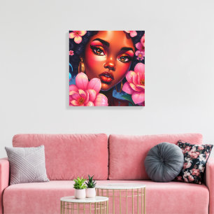 Toile Jolie femme de couleur avec des fleurs roses